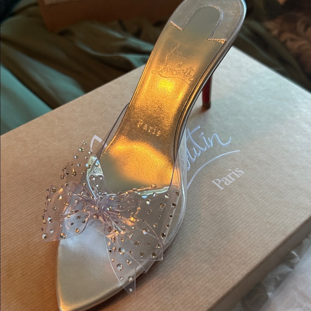Christian Louboutin Metallic Silver Heels with Embellished Bow